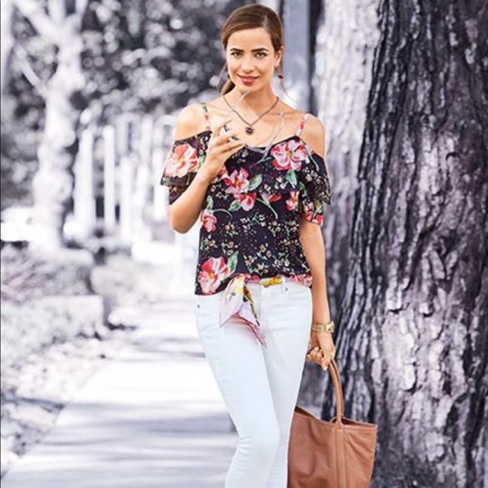 Cabi Floral cold shoulder top